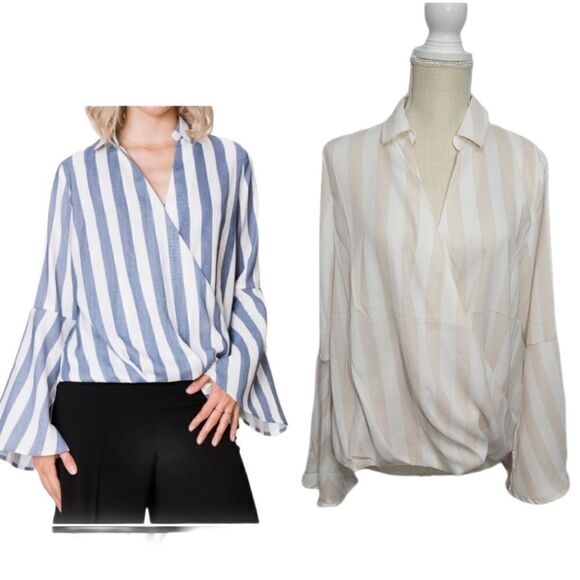 HYFVE striped wrap blouse Sz M Tan - Picture 1 of 13